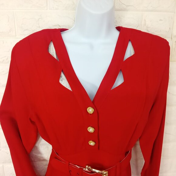 Vintage '80s Nina Piccalino Dress Power Shoulder Cut-outs Pockets Pleats (M/8) - Picture 3 of 15